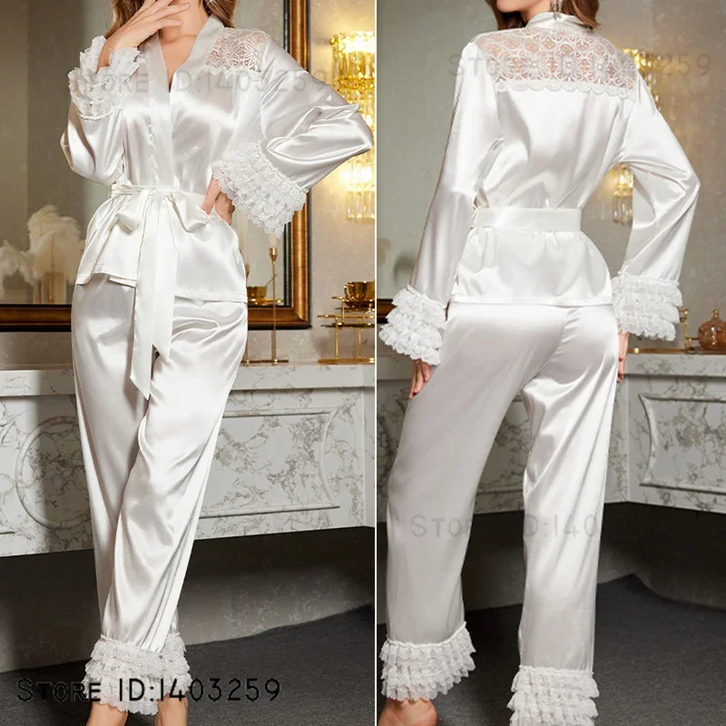 White Ice Silk Bride Wedding Pajama Set Sleepwear Sexy Patchwork Lace Loungewear Long Sleeve Cardigan Trouser Suit Home Clothes