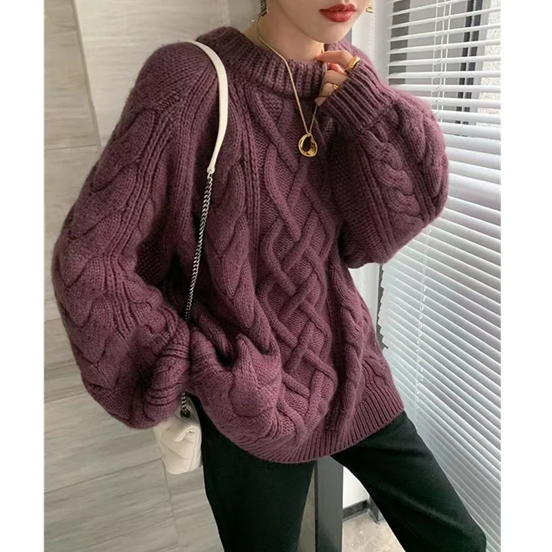 Round NECK twist flower cashmere sweater female autumn winter cover head thick sweater pure woolen sweater knitting outside wear