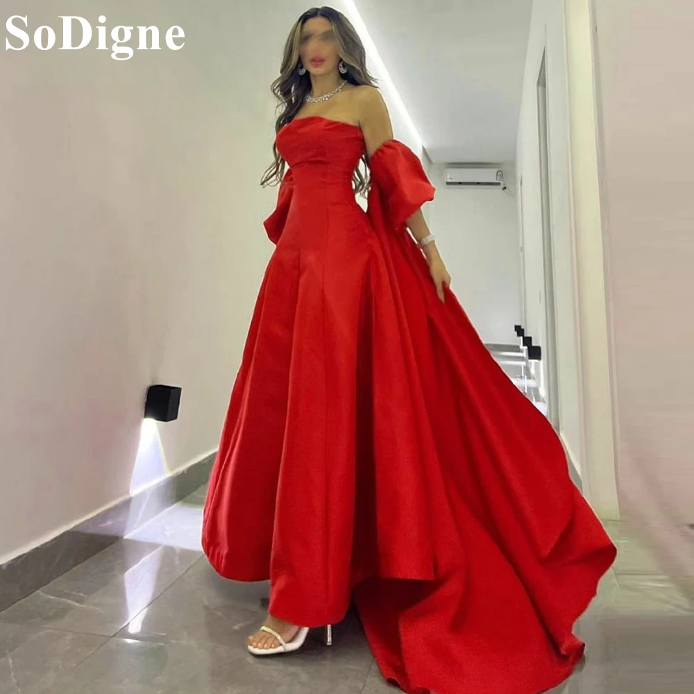 

SoDigne Red Satin Evening Dresses Strapless Short Puff Sleeves A-Line Pleated Gala Party Dress 2024 Formal Occasion Prom Gowns