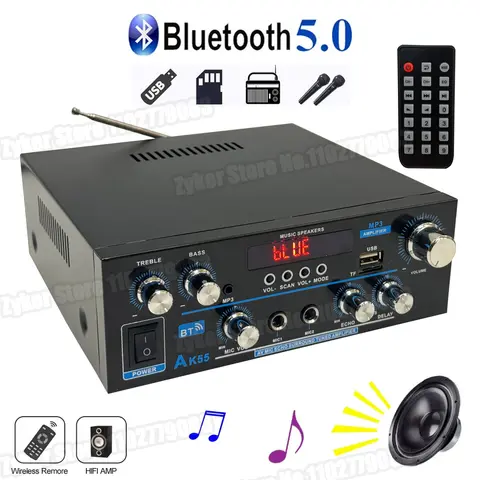 AK55 HiFi 디지털 앰프 최대 전력 90Wx2 채널 2.0 가정용 자동차 BT 5.0 오디오 앰프 용 Bluetooth 서라운드 사운드 앰프 스피커