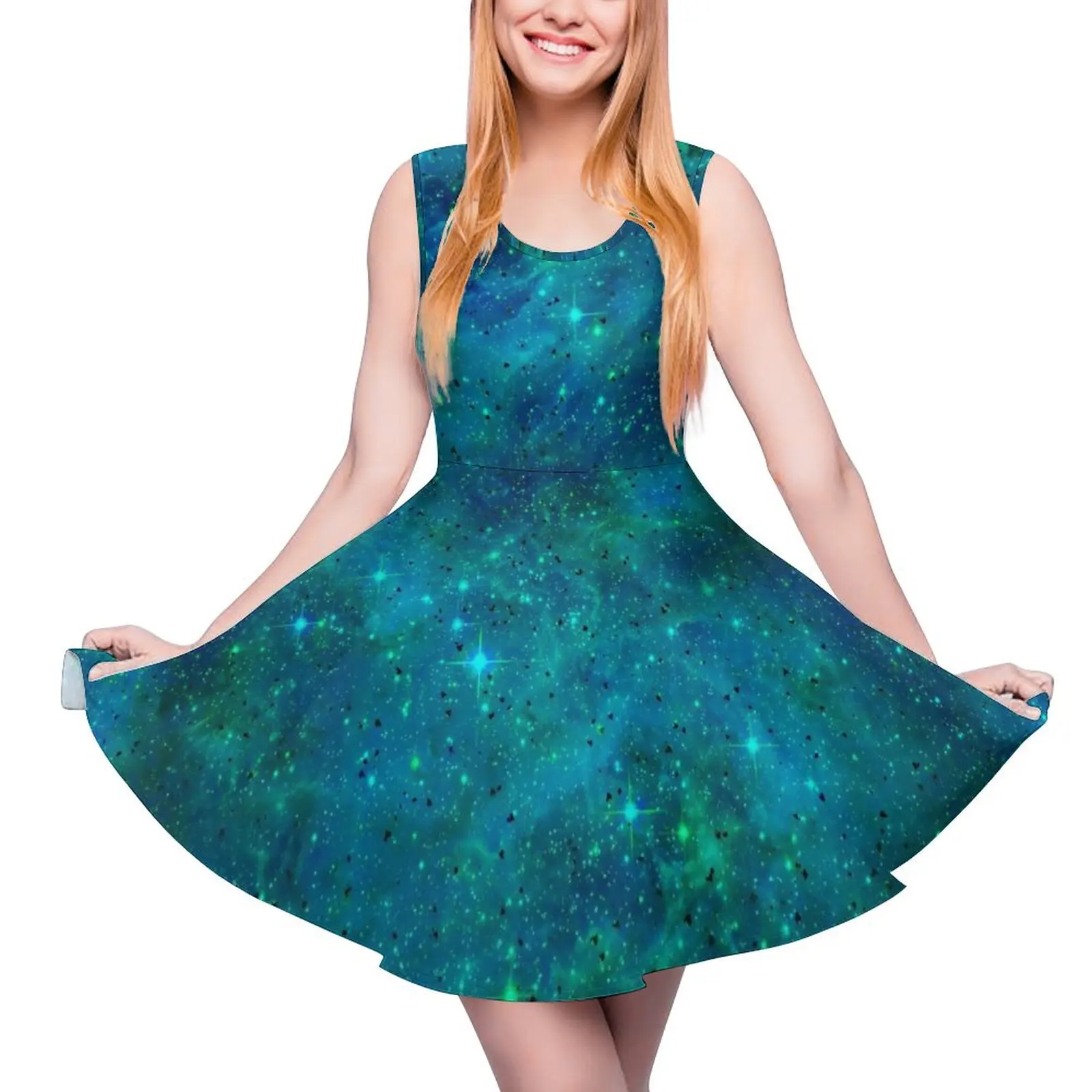 

Green Galaxy Dress Asteroid And Constellation Boho Beach Dresses High Waist Aesthetic Oversize Skate Dress Woman Design Vestidos