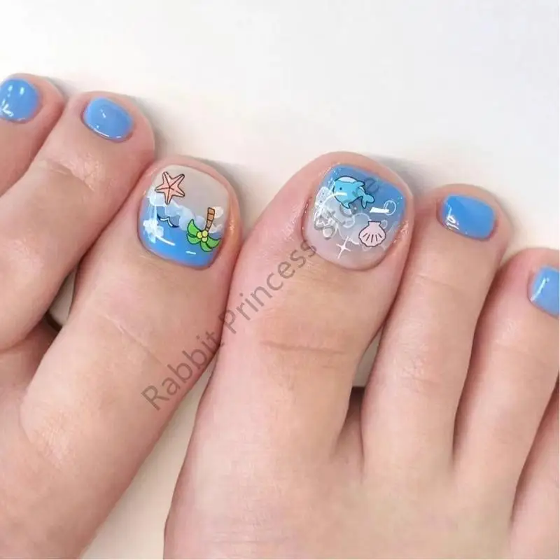 

BX0F 24pcs Beach Press on Toenails Short Square False Toe Summer ons