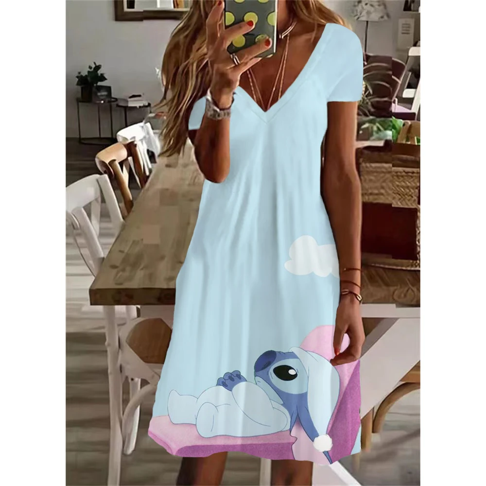 2024 Summer Women\'s Disney\'s Lilo & Stitch Print Dress Knee Length V Neck Female Casual Elegant Dress Fashionable Design New Y2K