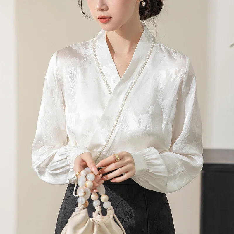 

Женские атласные блузки в китайском стиле, Новинка лета 2024, Корейская одежда, распродажа, свободные топы с длинным рукавом, винтажные женские рубашки с принтом