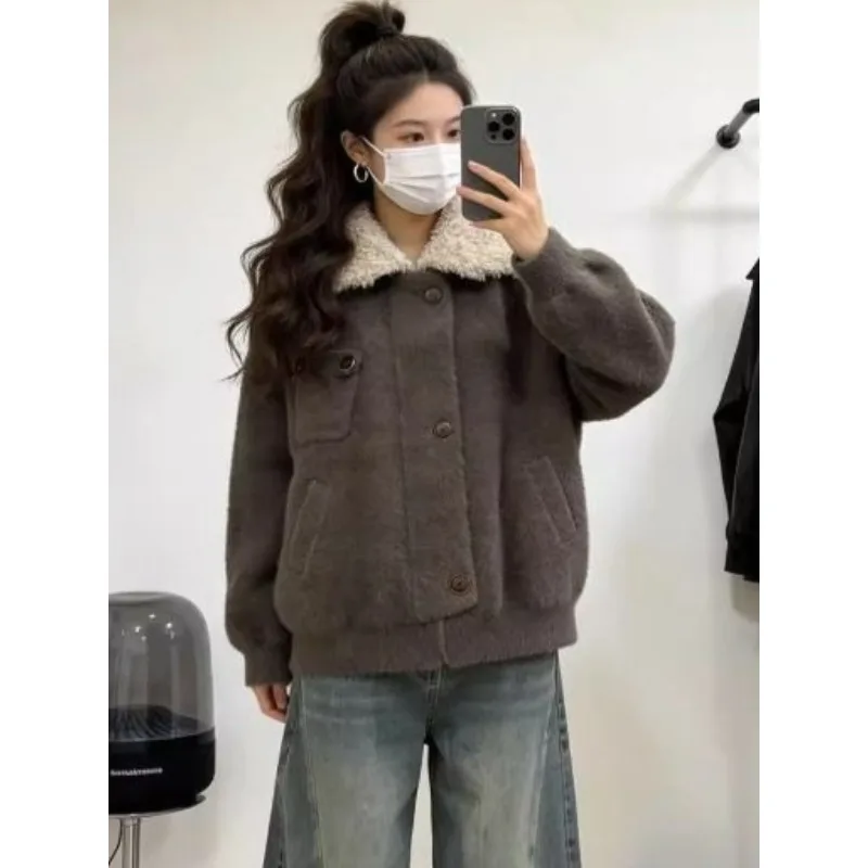 Temperament Women Dark Brown Cotton Imitation Suede Lamb Fur Collar Loose Retro Motorcycle Short Coats Trendy Streetwear