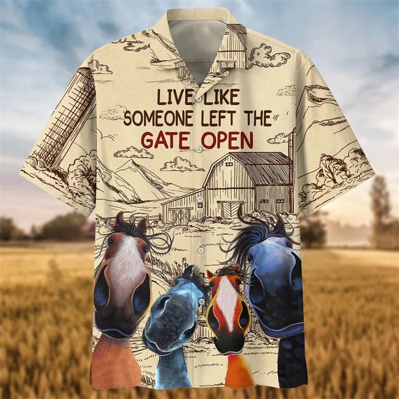 Mens Designer Clothing 3D Print Cattle Horse Shirt Oversized 2024 Travel Hawaii Beach Hawaiian Harajuku Farm Animals Camisa Male