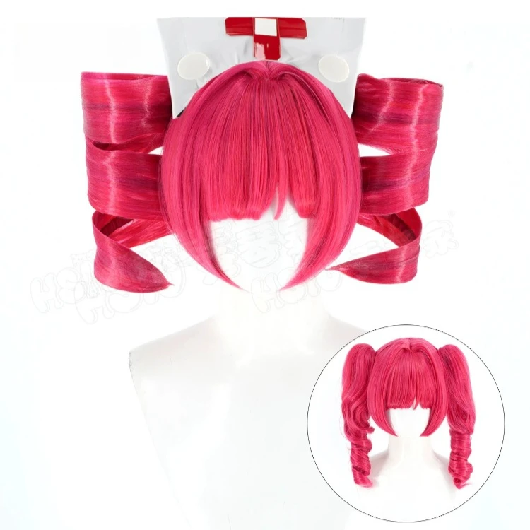 アニメブロウィッグコスプレローズピンクショートウィッグダブルポニーテールセット耐熱人工毛ハロウィンパーティーcos小道具