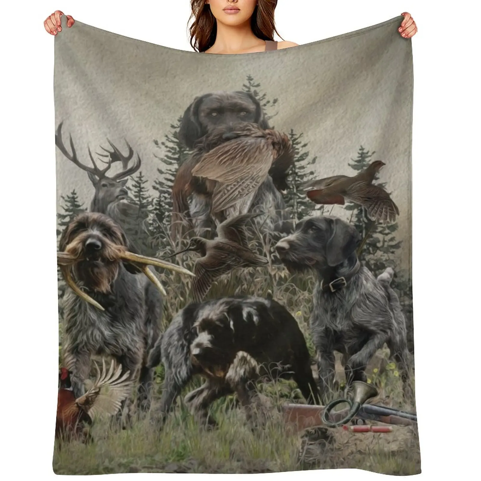 German Wirehaired Pointers, GWP Pointing dog Throw Blanket Vintage Shaggy Single Large Soft Big Camping Blankets