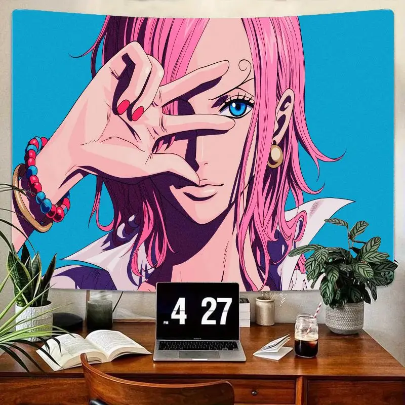 

1 шт. аниме-гобелен с розовой волосой девушкой, голубыми глазами, красным лаком для ногтей, знак мира, ярко-голубой фон, настенное искусство из полиэстера для