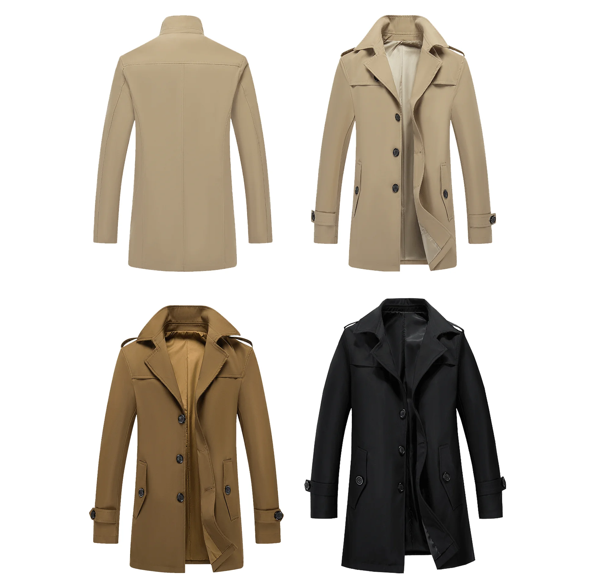 

American Retro Men's Long Mid-Length Trench Coat Stand Collar Spring Autumn British Korean Style Business Casual Jacket Front