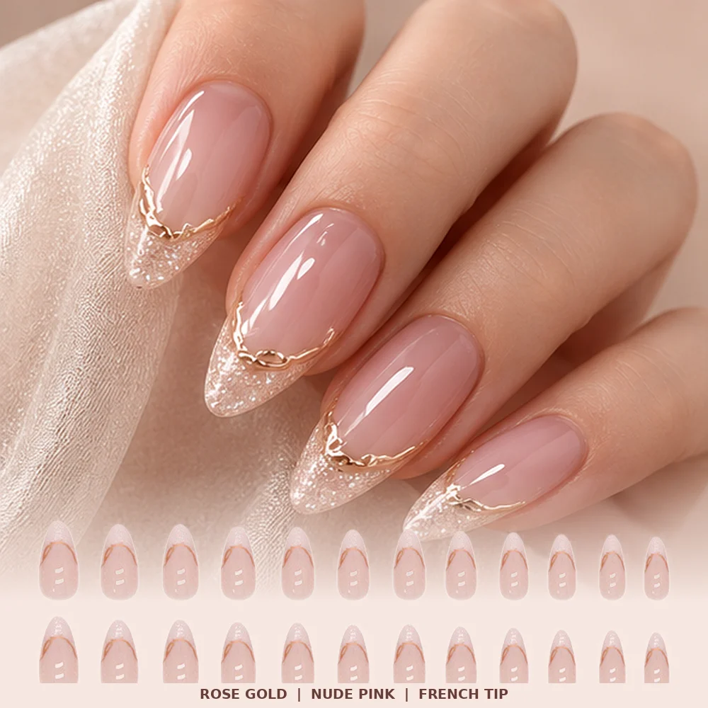 24PCS Pink Nude French Tip Press On Nails for Women Irregular Rose Gold Glitter Almond Fake Nails