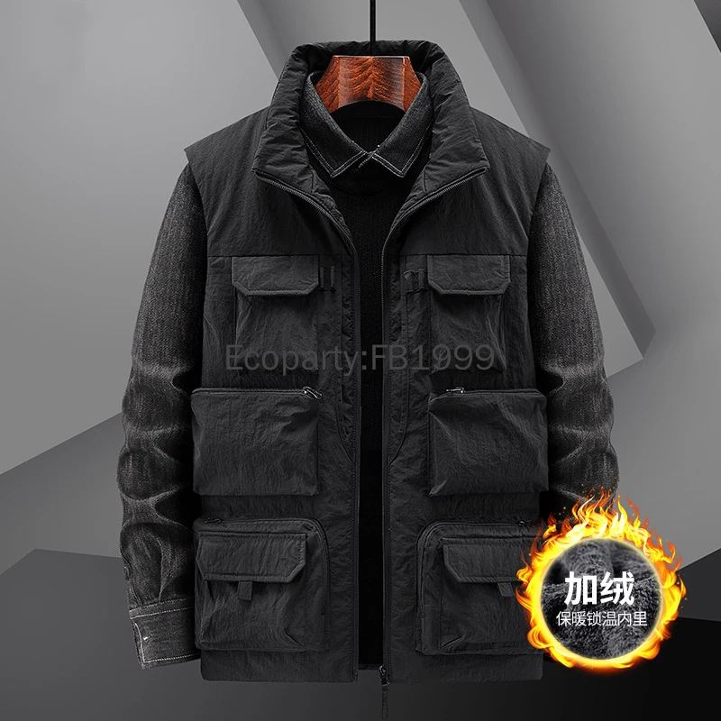 New Men's Autumn Winter Fashion Sleeveless Jacket Thick Plush Warm Multiple Pockets Cargo Vest Coat Men Casual Outwear Waistcoat