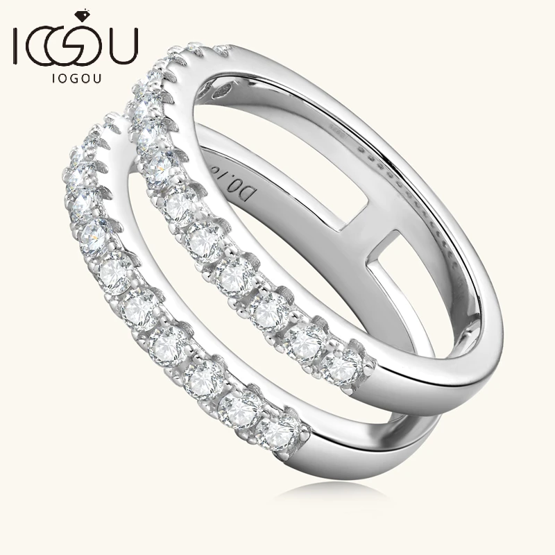 

IOGOU Real D Moissanite Double Row Engagement Rings For Women Color 2.0mm Diamond Rings 925 Pure Silver Wholesale Jewelry Gift