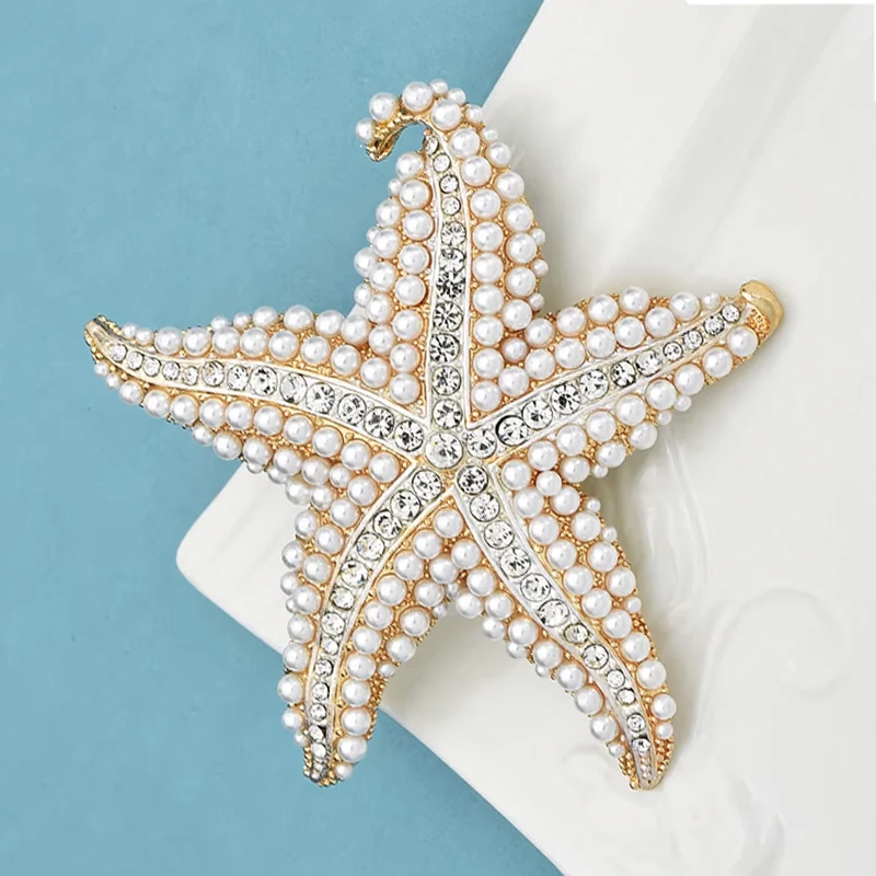 Wuli&baby Pearl Starfish Women Brooch Pin Sparkling Sea Star Jewelry Gift