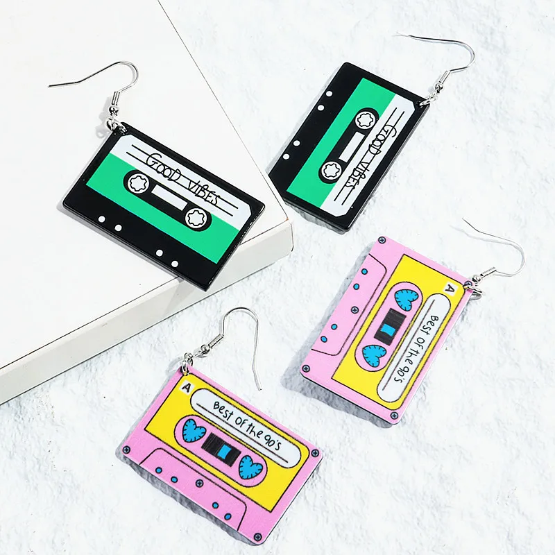 Creative Acrylic Best of the 90s Letter Magnetic Tape Earrings for Women Cute Square Cassette Tape Dangle Earrings Jewelry Gifts