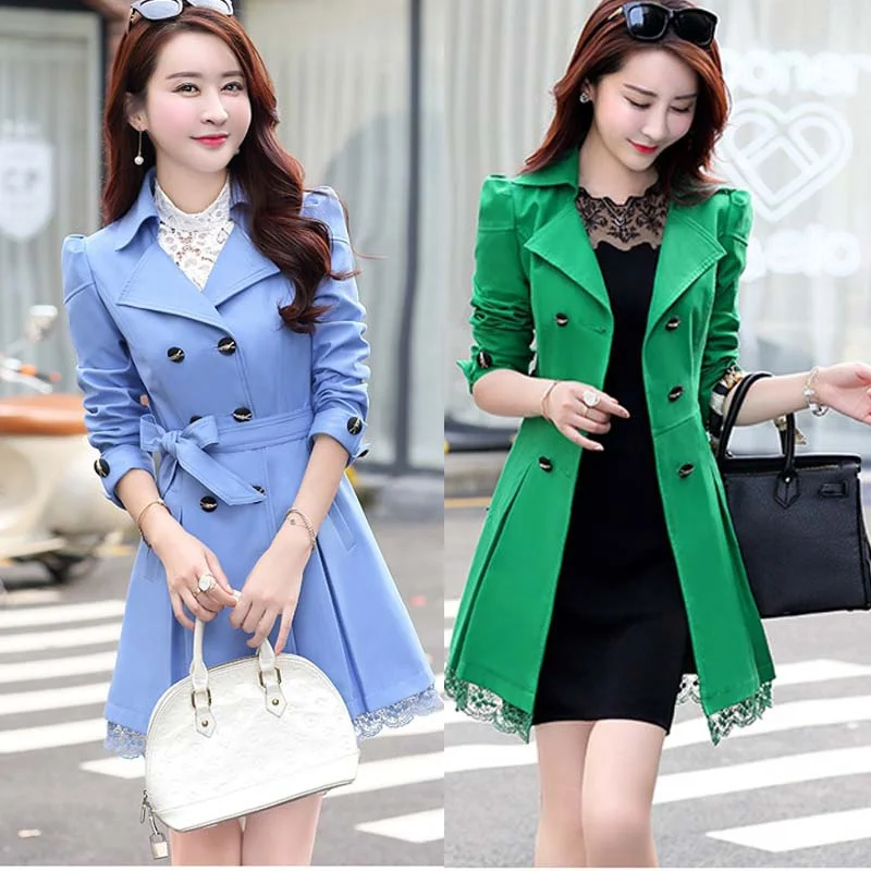 Spring Autumn Women's Brand-New Long Double-Breasted Waistband Windbreaker Leisure Slim Fashion Coat With Lined