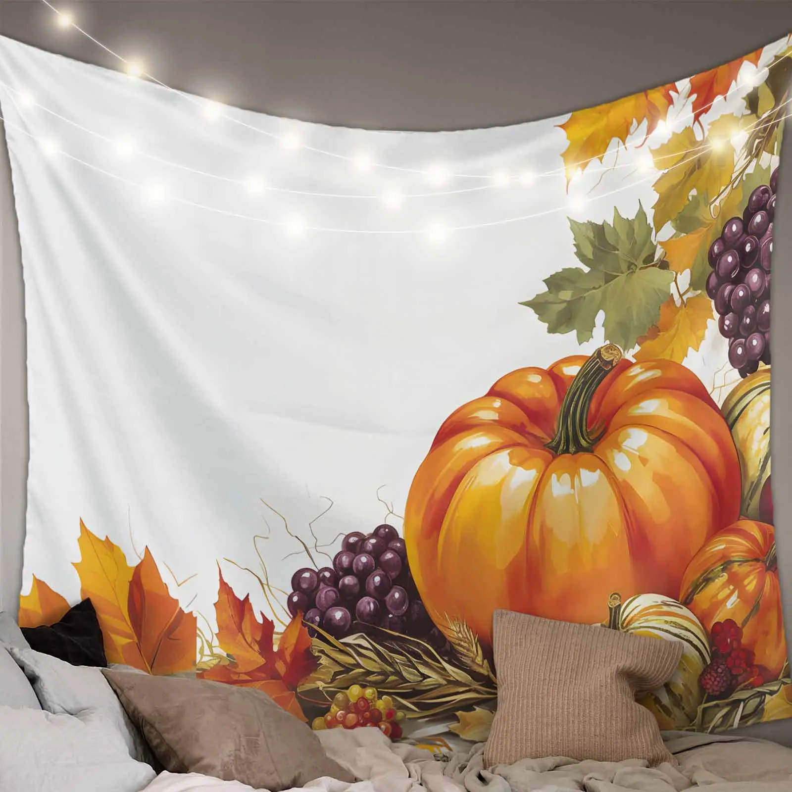 Autumn Pumpkin Grapes Maple Leaves Tapestry Wall Hanging Custom Boho Decoration Wall Tapestry Home Decor Hanging Cloth