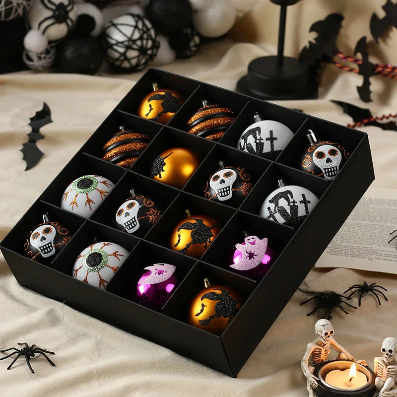 

16Pcs Halloween Skeleton Painted Plastic Ball Gift Sets for Home Tree Pendant Festival Party Haunted House Bar Mall Decoration