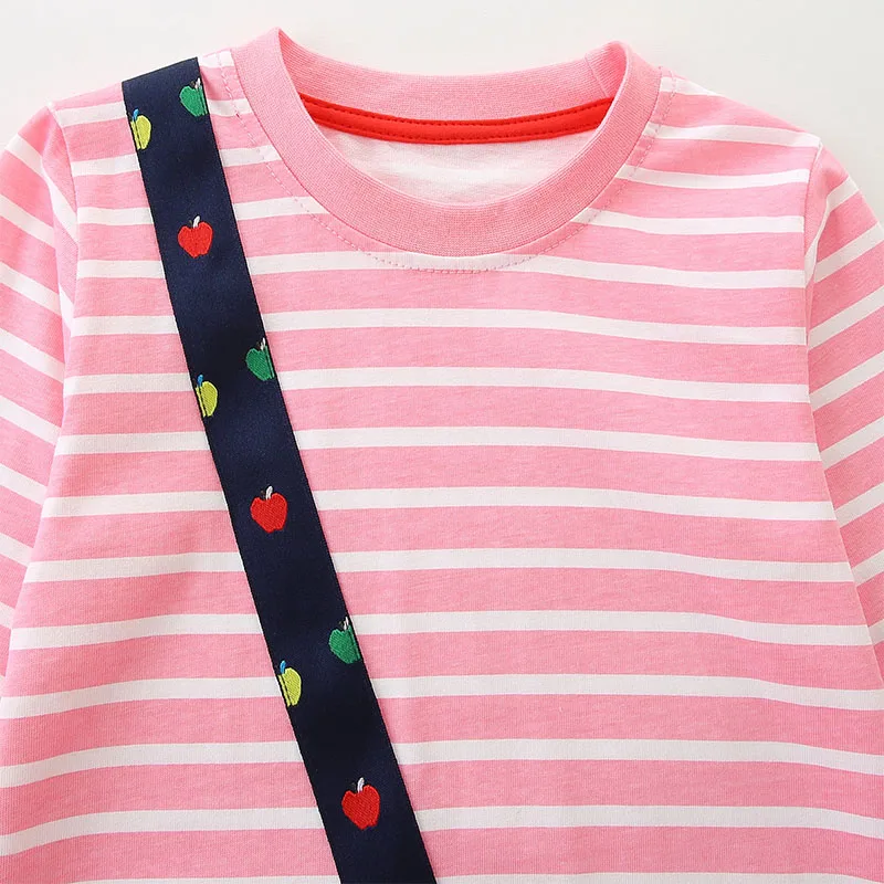 TUONXYE Cotton Girls Long Sleeve Dress Stripe Kids Casual Embroidery Dresses With 3D Apple Crossbody Pocket Bag Toddler Clothes