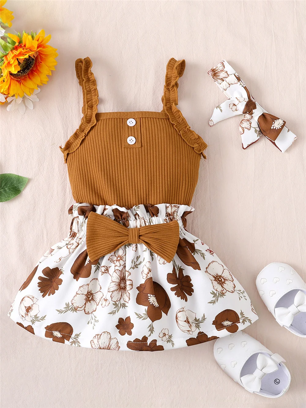 Conjunto de ropa de 3 piezas para bebé, body liso sin mangas, falda Floral y Diadema, traje informal de verano para niña de 3 a 18 meses