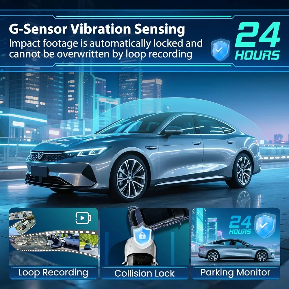 كاميرا داش للسيارة 4 قنوات 360 °   التغطية - كاميرا أمامية 2K + Triple 1080P HD للسيارة، كاميرا مدمجة WiFi Dash مع تطبيق، مستشعر G-Sensor/ليلي