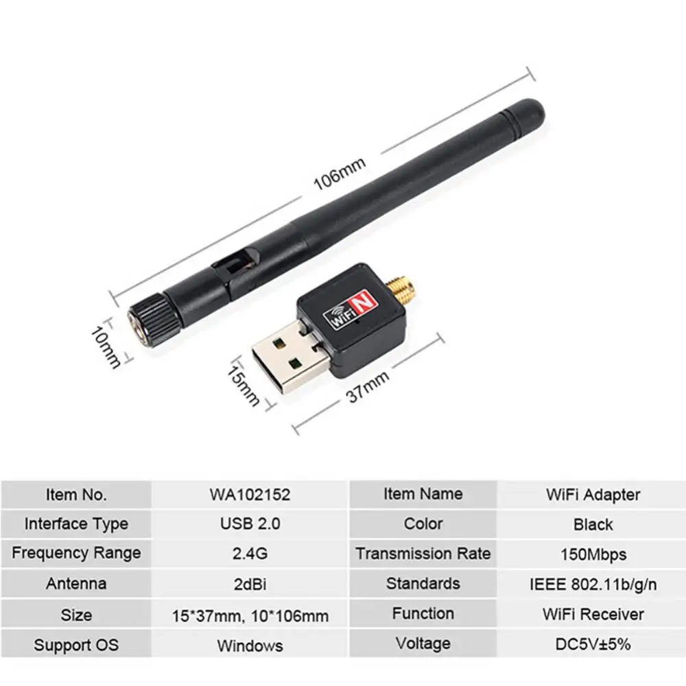 アダプターと5dbアンテナ,150Mbps lan,ポータブルワイヤレスネットワークカード,ahd dvr dvr,1〜10個用USB 7601チップ