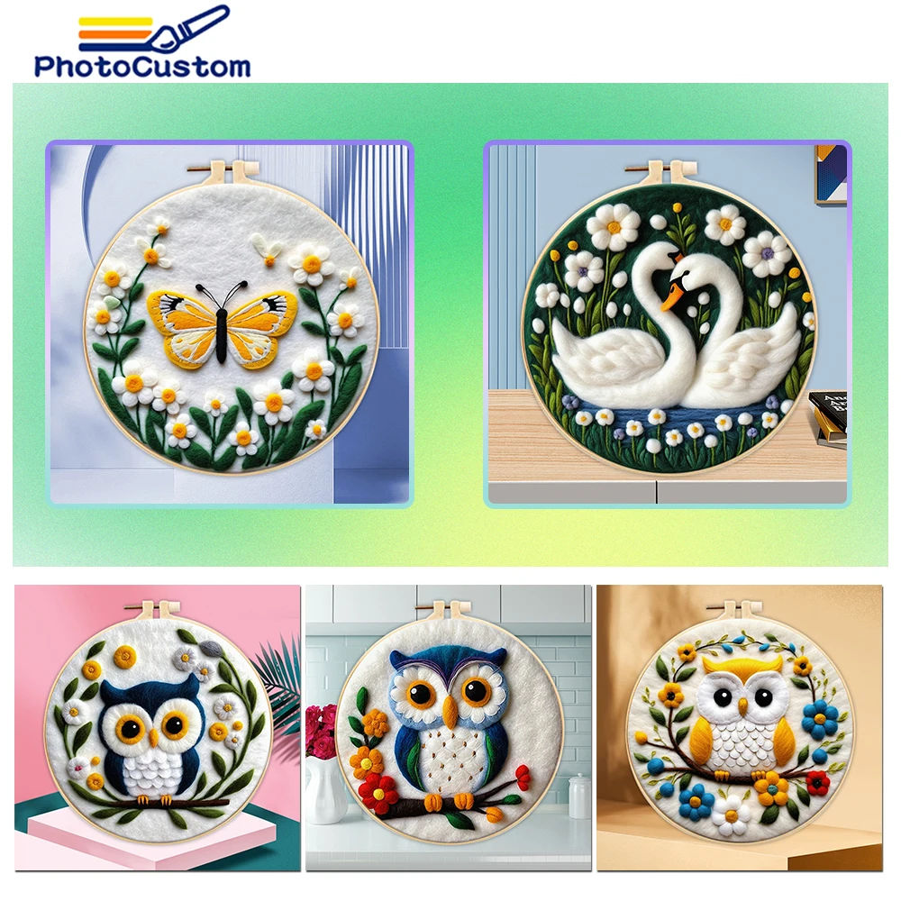 

PhotoCustom 20x20 DIY Wool Felting Painting Set Embroidery Needle Owl Needle Wool Painting With Frame Handiwork Home Decoration