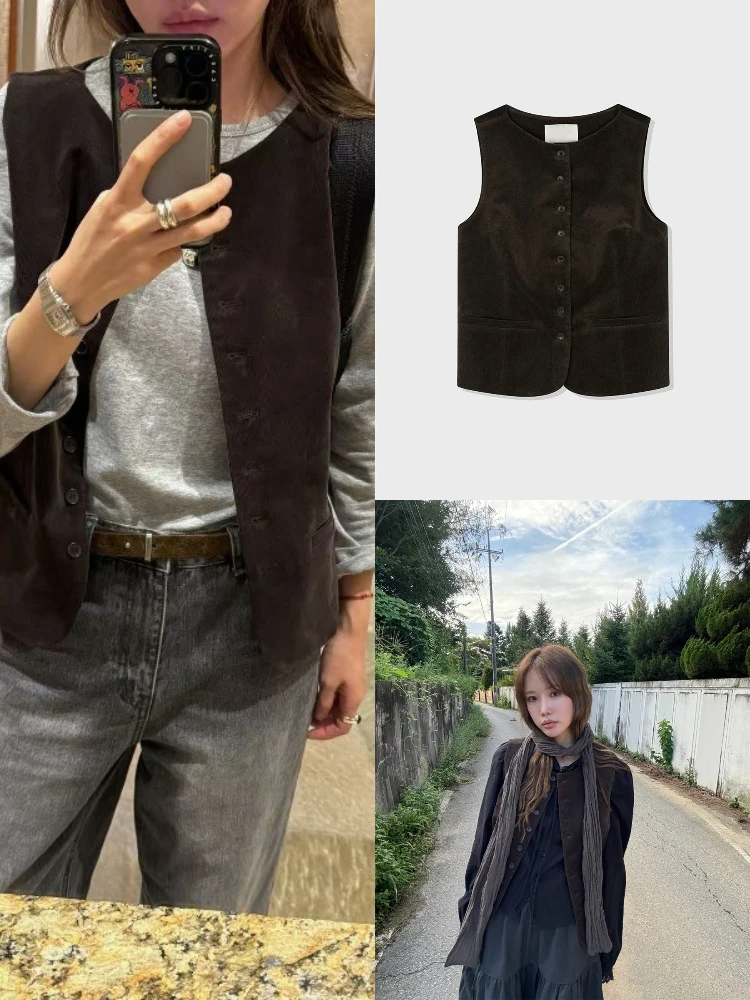 

Autumn Sle Briti Retro Svel Vest Women's Single Button Loose Casual Versatile Outerwear Commute Pure Color