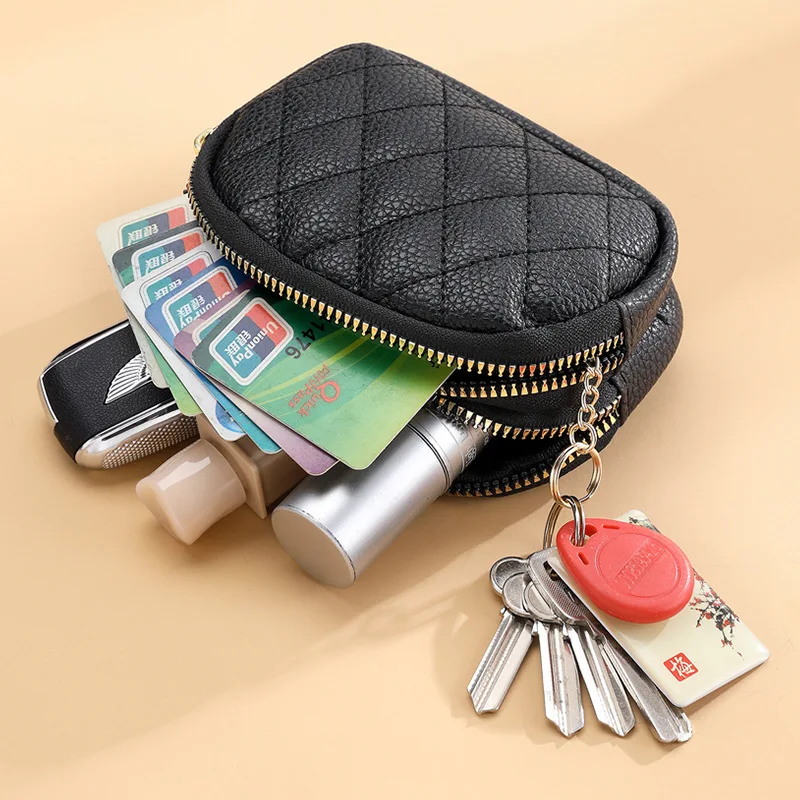 New Women's Quilted Pattern Coin Purse Key Ring Pendant Storage Bag Double Zipper Large Capacity Multi-card Slots Card Holder
