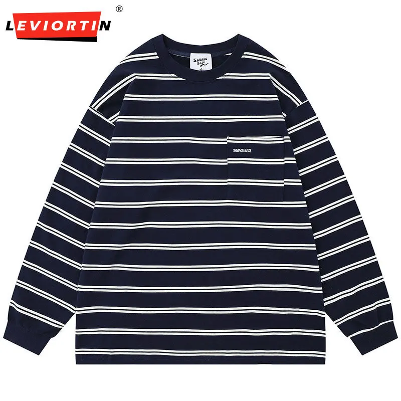 Retro Japanese striped T-shirt men's and women's long sleeved spring and autumn thin style basic versatile pullover base shirt