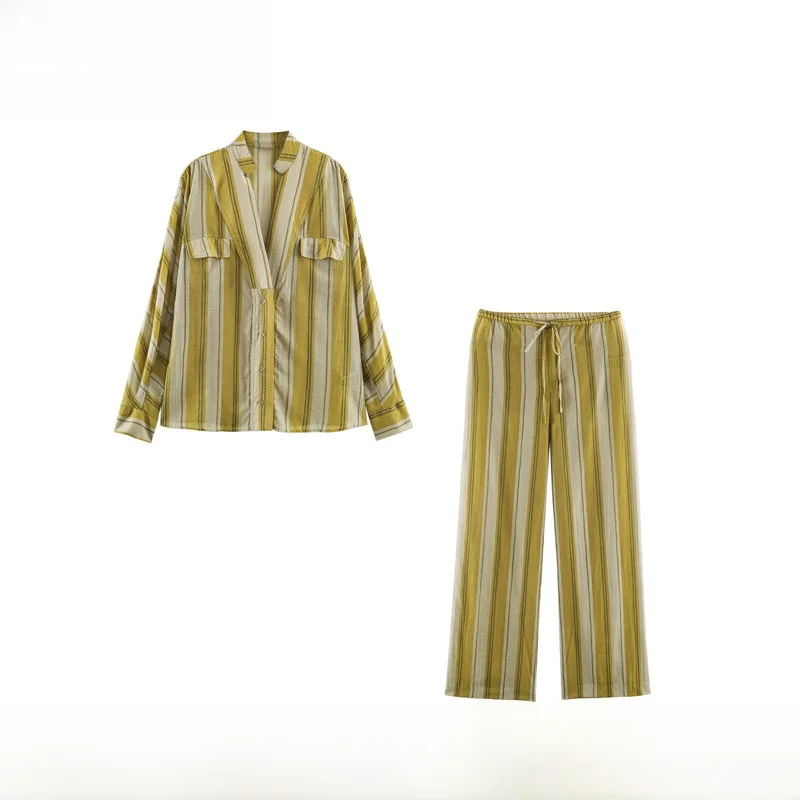 New Spring Summer Striped Shirt Pants Set Women's Fashion ZR Style Long Sleeve Button up Casual Wear for All Body Types