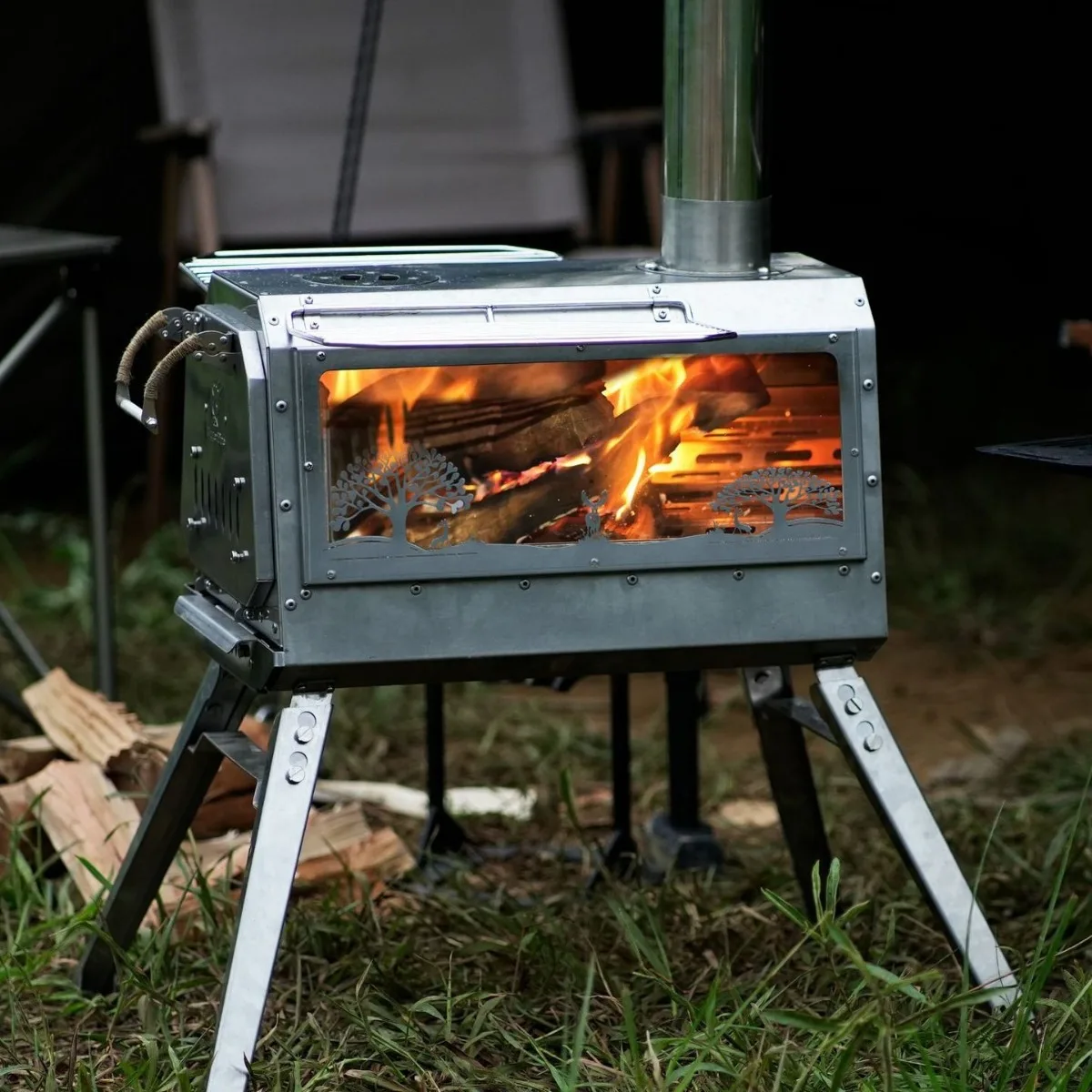 Secondary Combustion Design of External Firewood Furnace Stainless Steel Furnace Double Sided Fire Viewing Windows