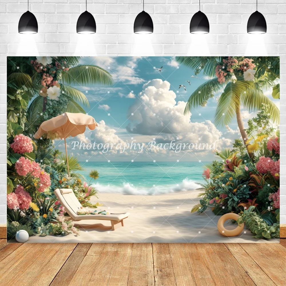 Summer Beach Party Photography Backdrop Parasol Recliner Sun Bath Travel Holiday Photo Photographic Background Photostudio Props