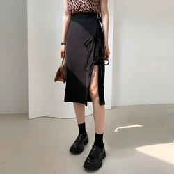 Black Slit Midi Skirt for Women Summer Slim Elegant High-waisted Slim A-line Skirt Bandage Fashion Korean Style Clothing