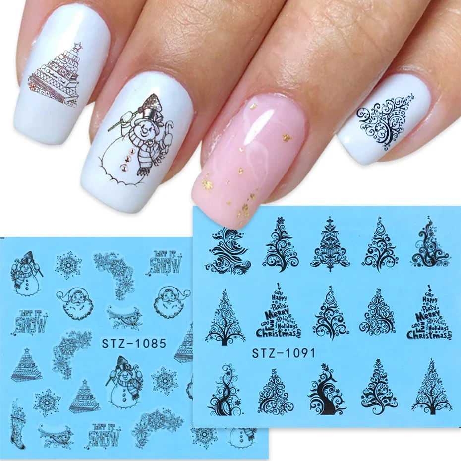 Adesivos para unhas de água, árvore de Natal, boneco de neve, estrela, cervo, sliders para unhas