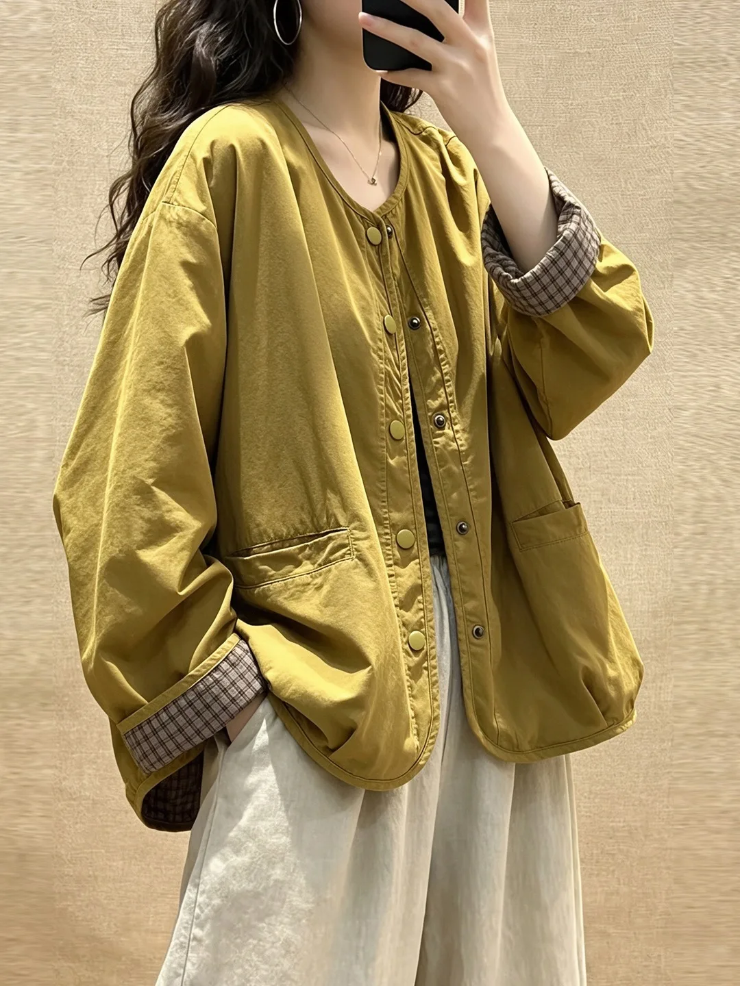 Casual Cotton round Neck Outerwear Women's Fashion Plaid Print Loose Fit Sweatshirt Jacket Style Home Wear Autumn Season