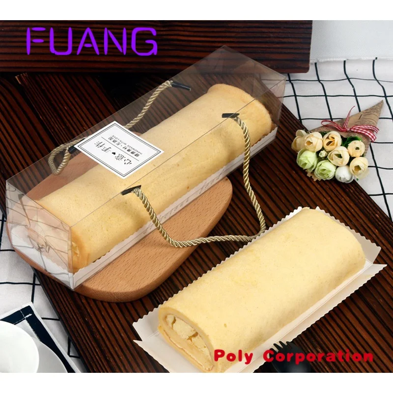 Custom  Baking packing pastry box transparent mousse Swiss cake roll box with rope handle