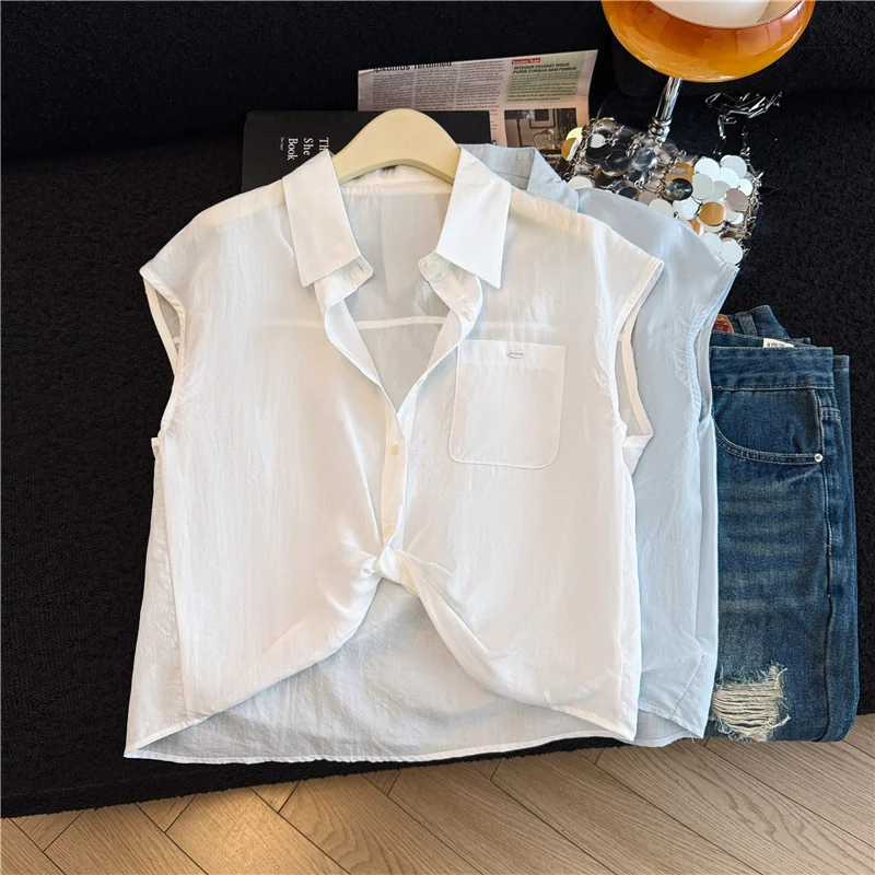 

Korean Style Fashionable Sleeveless Shirt Women's Summer New Version Lady Maturity Pocket Single Button White Collar Top