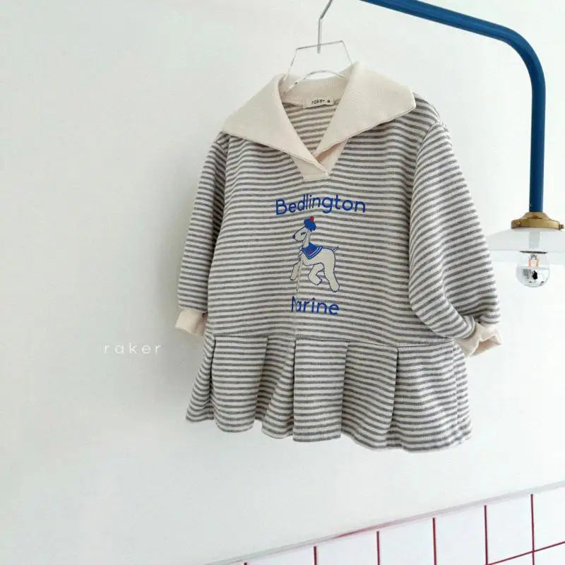 2024 Spring New Baby Girl Long Sleeve Casual Dress Cartoon Print Infant Toddler Navy Collar Striped Dress Baby Girl Clothes