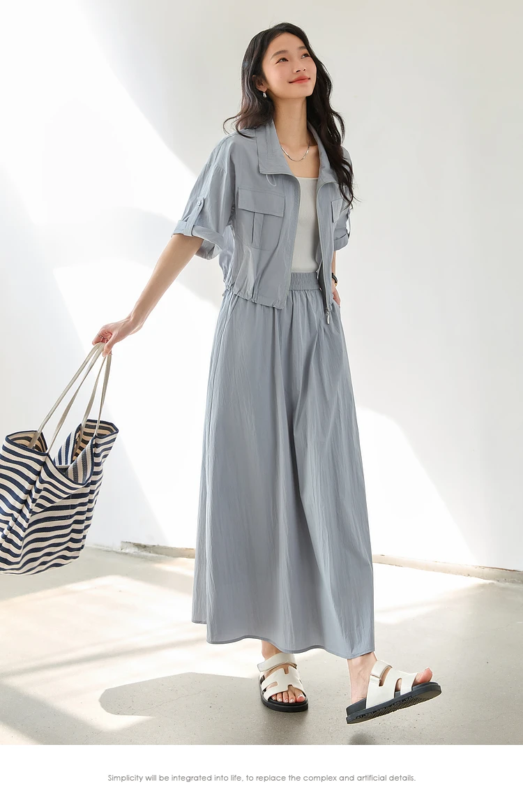 VIMLY Women's Skirt Sets 2025 Gray and Blue Commuter Skirt Suits Woman Outfits Summer Short Sleeve Crop Jacket Long Skirt M8106