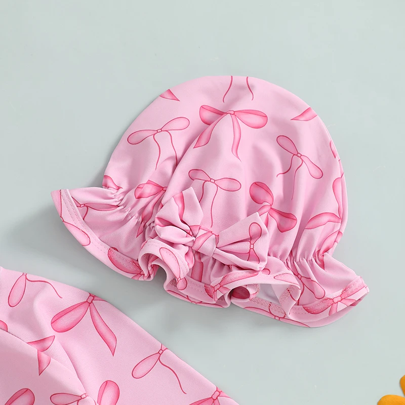 أطفال بنات ملابس السباحة رومبير طويلة الأكمام س الرقبة القوس طباعة زمم ثوب السباحة الشاطئ السباحة رومبير مع قبعة