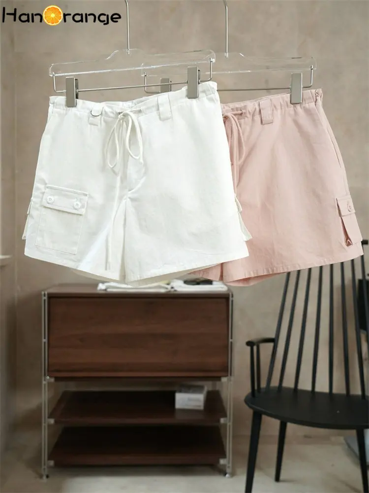 HanOrange 2024 Summer Fashion Spicy Girl Pure Cotton Shorts Women High Waist Drawstring Sports A-line Hot Pants White/Pink