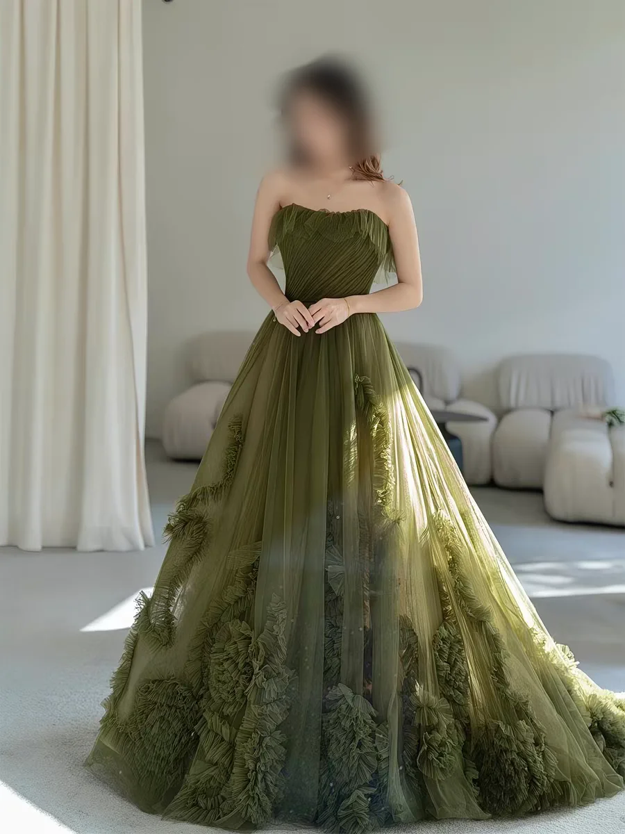 customized evening dress Strapless Ruffled Edge Olive Green Gradient 3D Frilly Tulle Flowy Floor Length Fairy Formal Evening