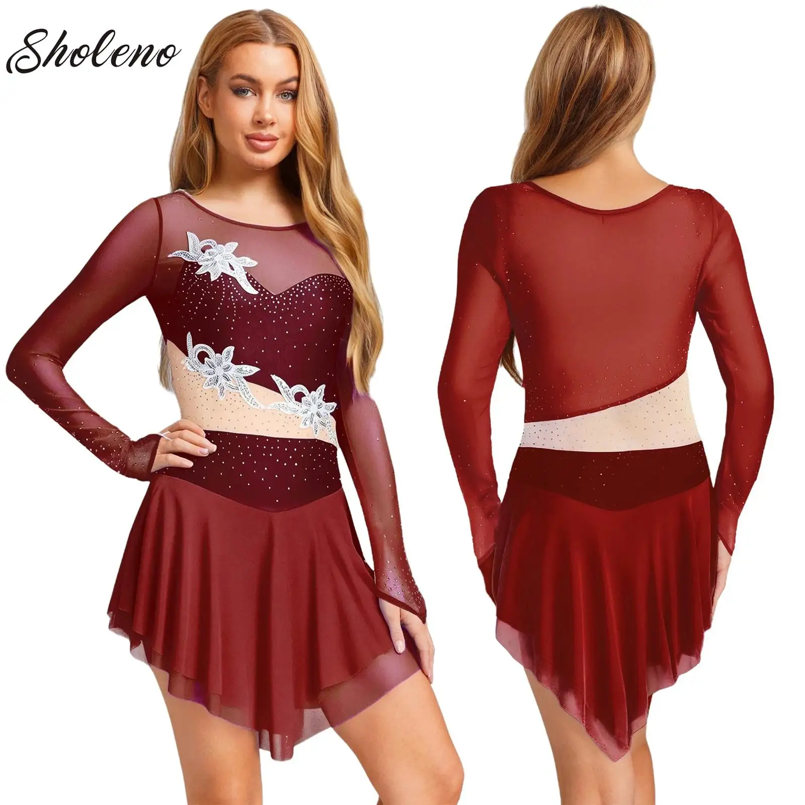 

Womens Floral Embroidery Lyrical Modern Dance Dress Contrast Color Asymmetric Ballet Gymnastics Figure Skating Leotard Dress