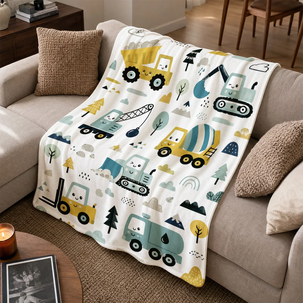 Cute Construction Truck Throw Blanket for Nursery Decor Kids Playroom Baby Shower Gift Whimsical Excavator Dump Truck Cozy Sofa