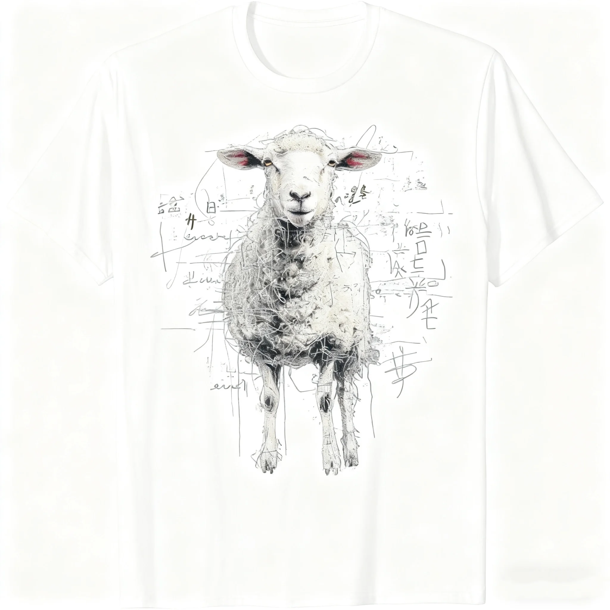 Sheep Text Drawing Animal Graphic Print Summer Autumn Winter Men's and Women's Short Sleeved T-shirt Casual Loose Outdoor Street