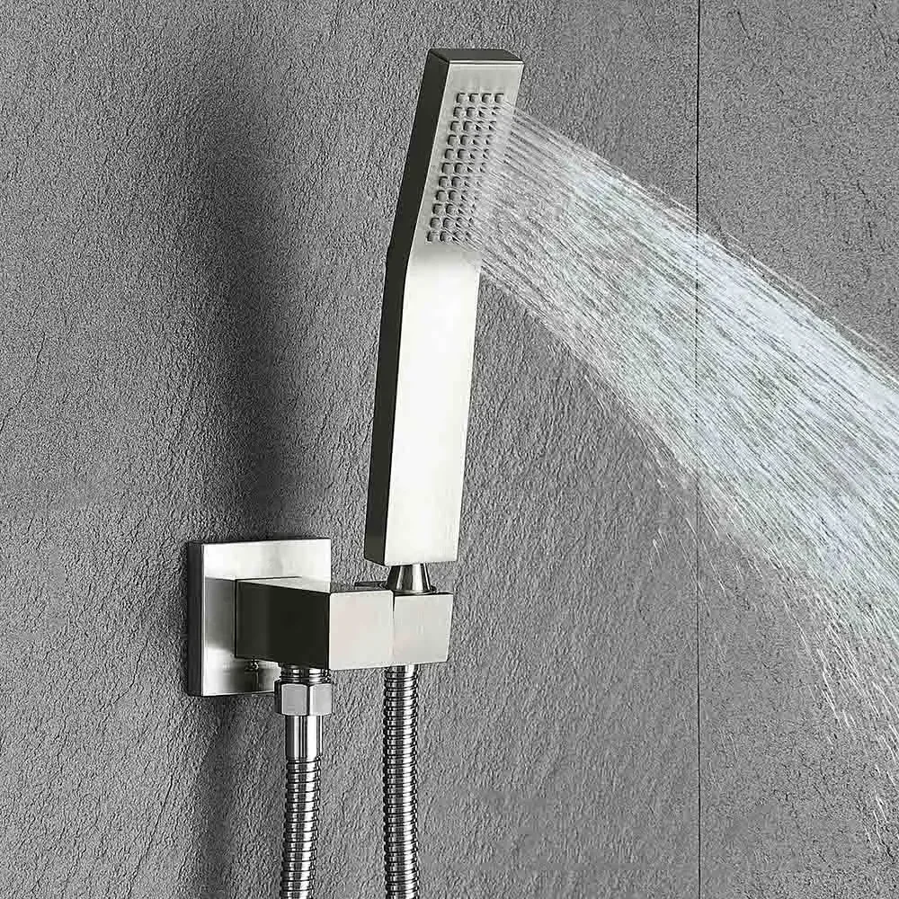 Brushed Color Brass Wall Mounted Waterfall Bathtub Faucets Three-piece Set With Rain Handheld Shower Sprayer Water Mixer Tap