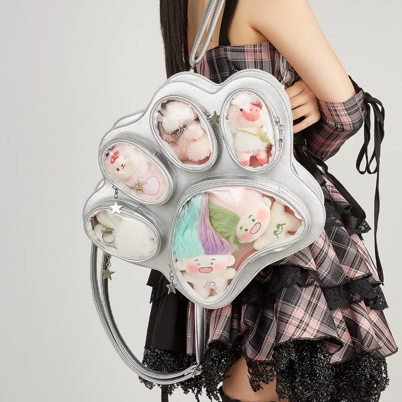 

Silver Cat Paw Ita Bag, Multi-Window Clear Crossbody Bag with Star Charm, Kawaii Animal Shaped Shoulder Bag for Pin Display