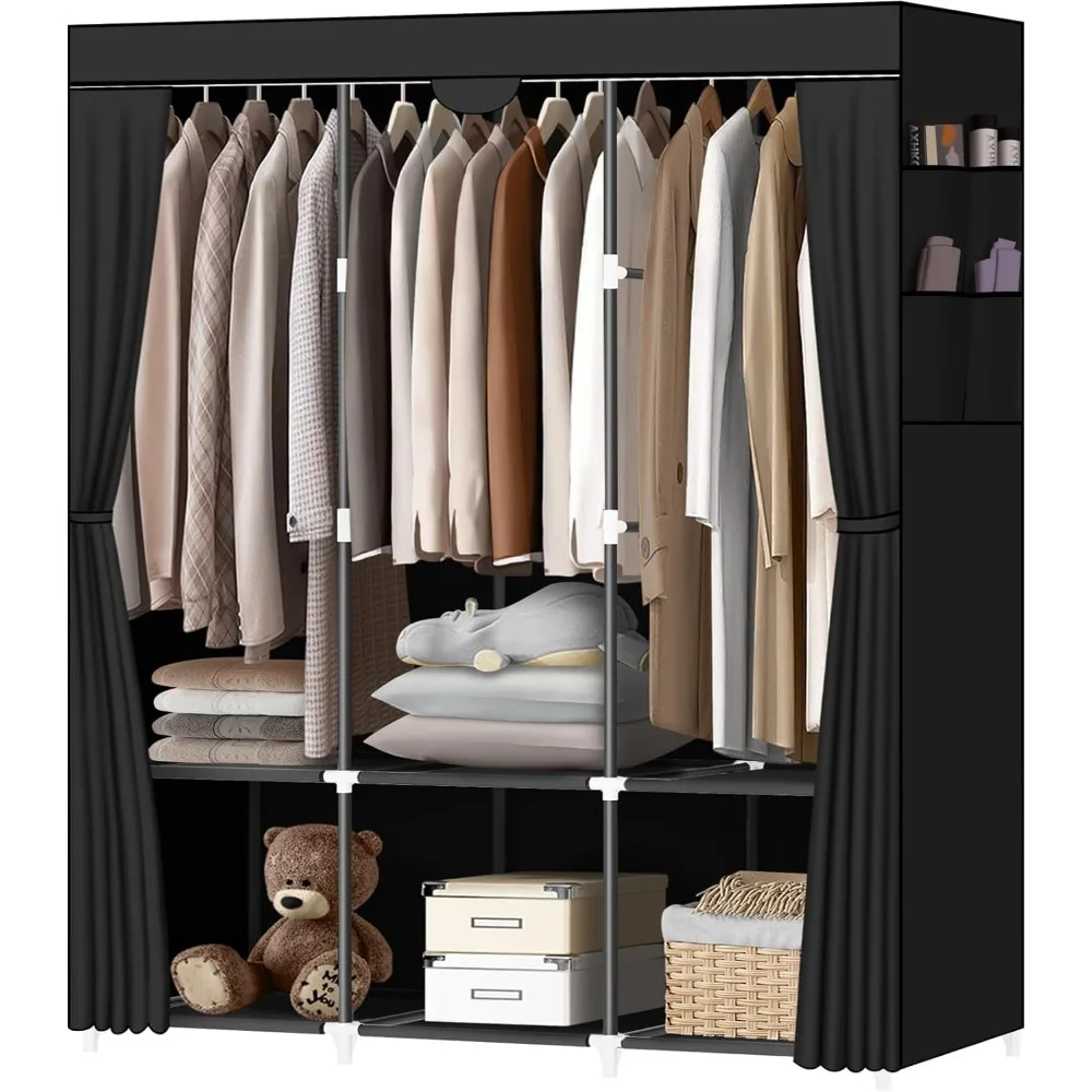 

Portable Closet, Portable Closets for Hanging Clothes with 3 Hanging Rods and 6 Storage Shelves and 4 Side Pockets