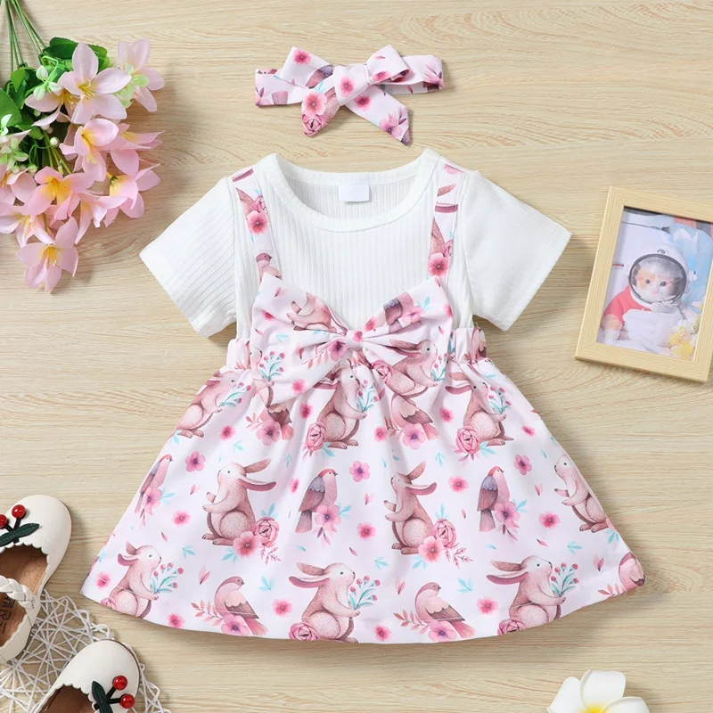 Newborn Dresses Fake 2 Pieces Baby Girl Summer Clothes Cute Animal Rabbit Short Sleeve Bow Girls Dress+ Headband Festival 0-3Y